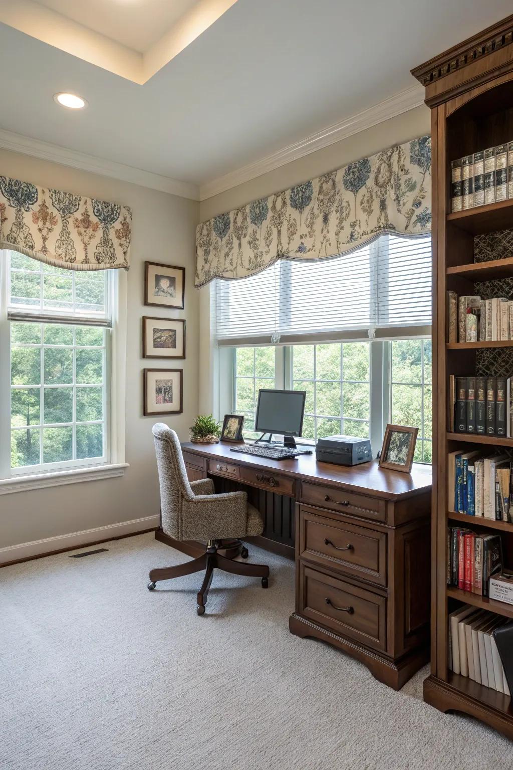 Valances atop blinds furnish a sophisticated visual.
