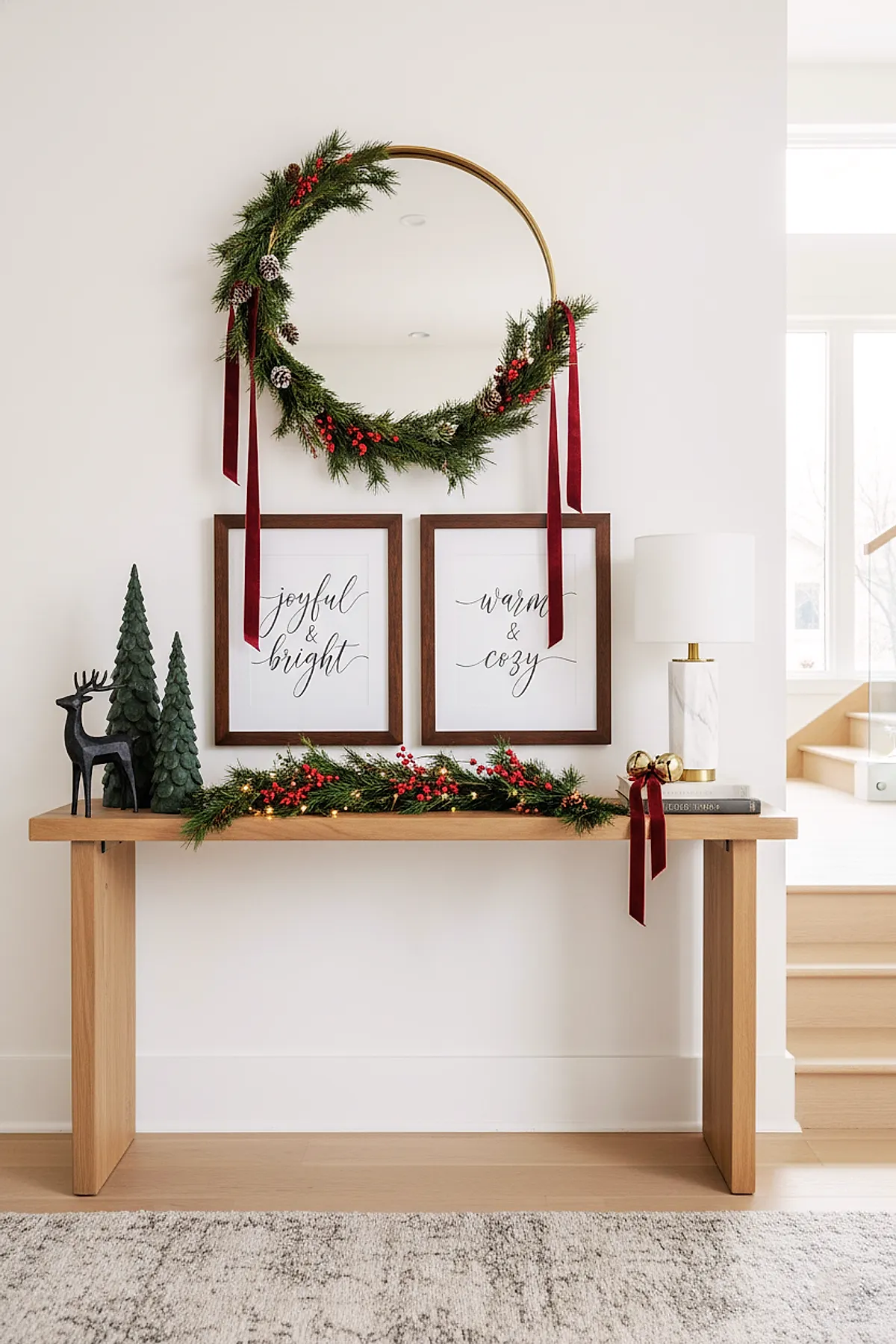 Wooden console table decorated with pine garland and red berries, gold-framed mirror with matching garland and velvet ribbons, pine tree figurines, deer sculpture, calligraphy prints, marble lamp, and golden jingle bells on books.