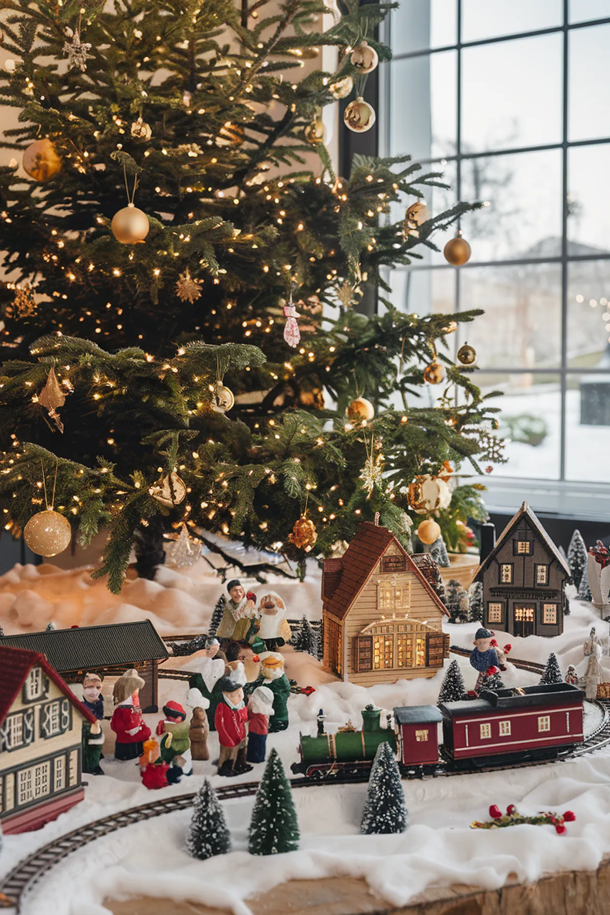 Festive indoor scene with a decorated Christmas tree, miniature village below, and a snowy landscape visible through the window.