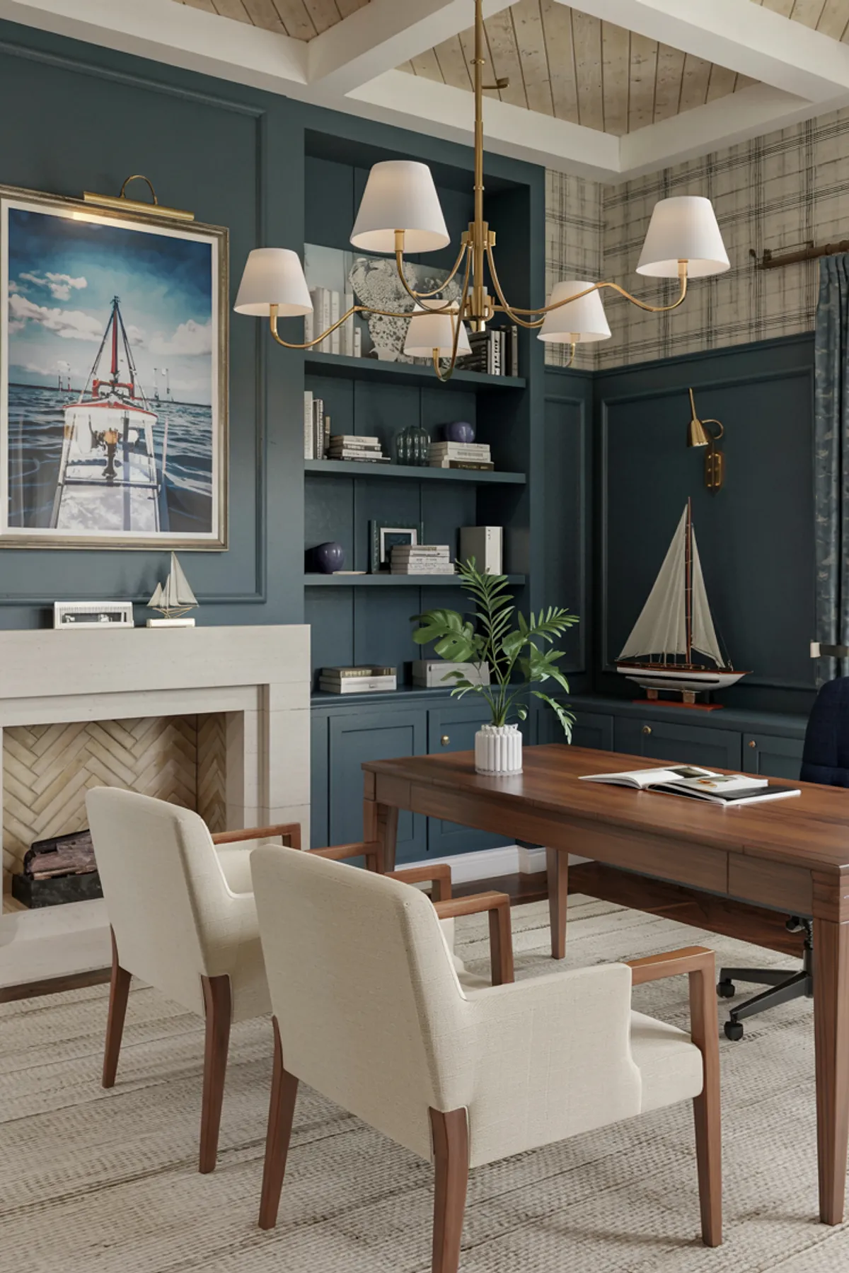 Home office featuring a wooden table, arched shelving units, decorative vases, and a cozy area rug.