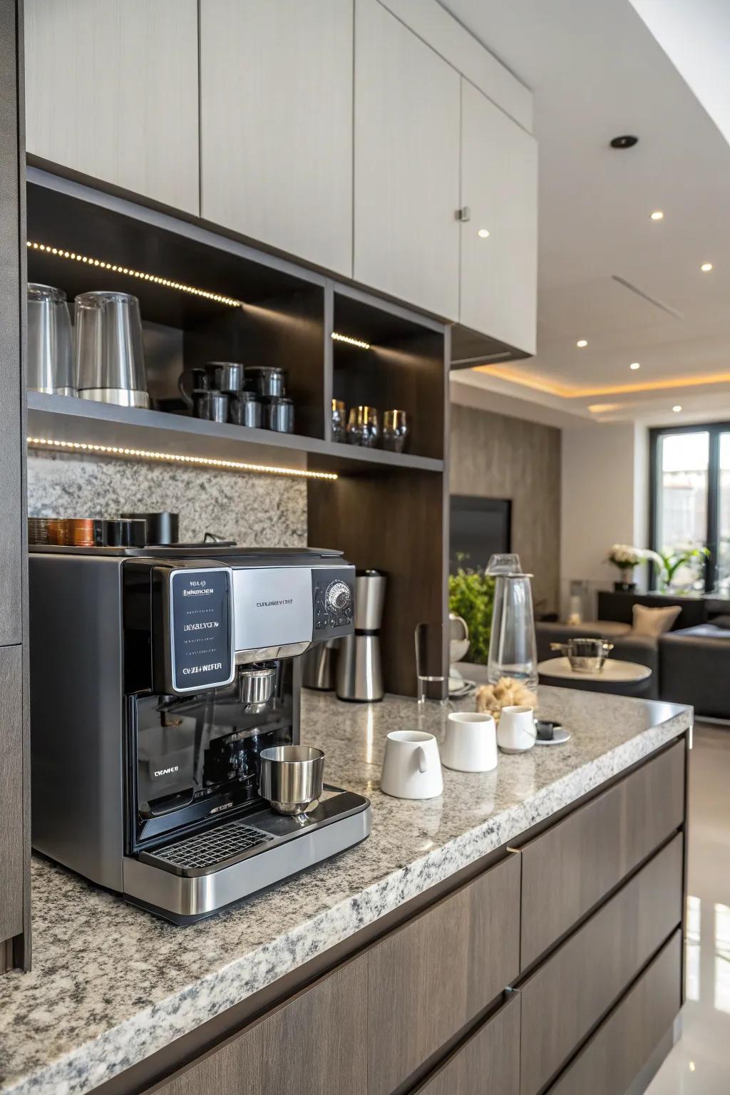 A contemporary coffee station featuring a flawlessly integrated espresso machine.