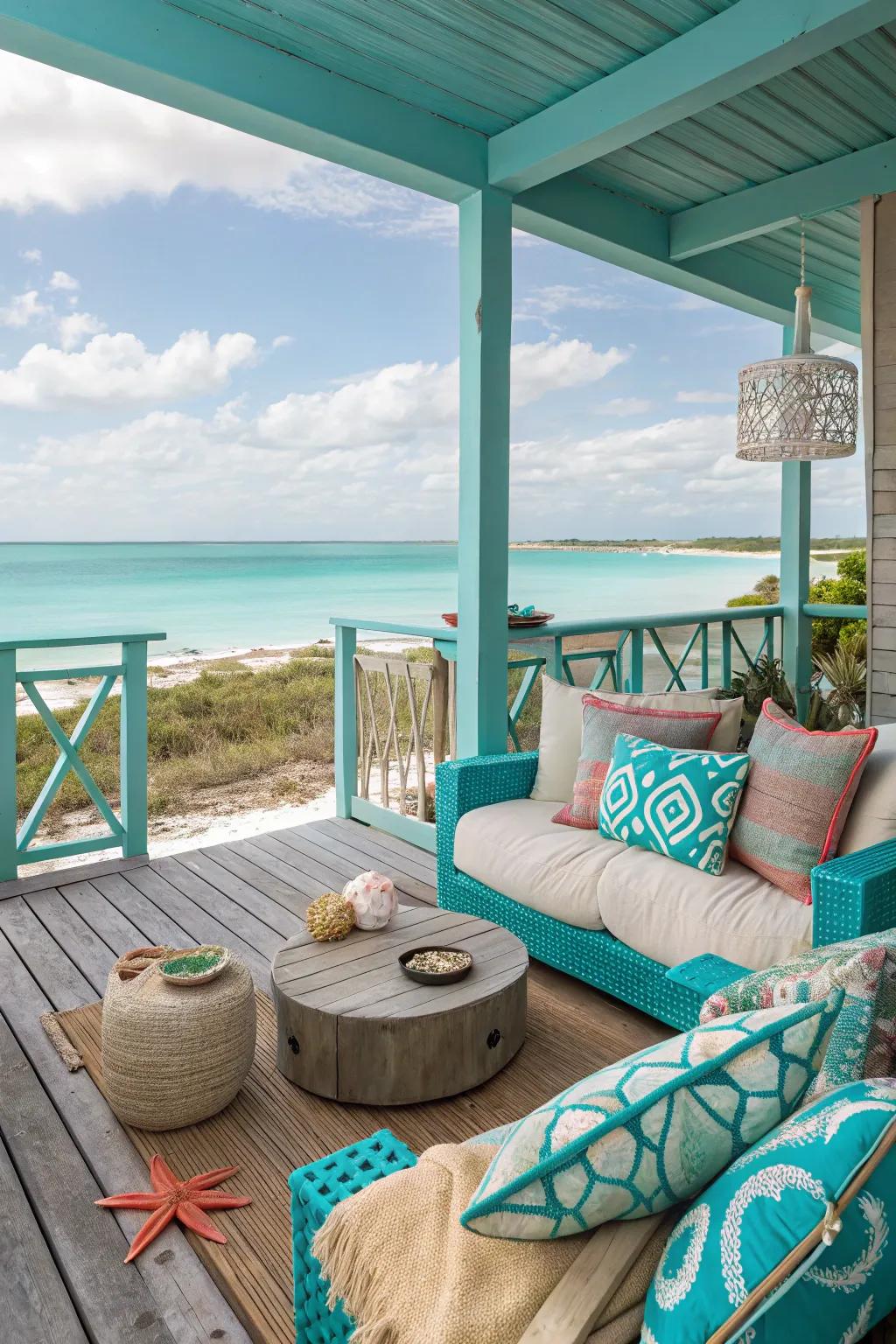 Aqua and sand bring the beach to your backyard for a breezy deck feel.