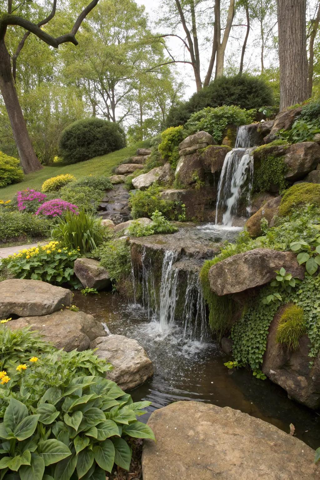 Dynamic waterfalls contribute movement and calming sounds to garden settings.
