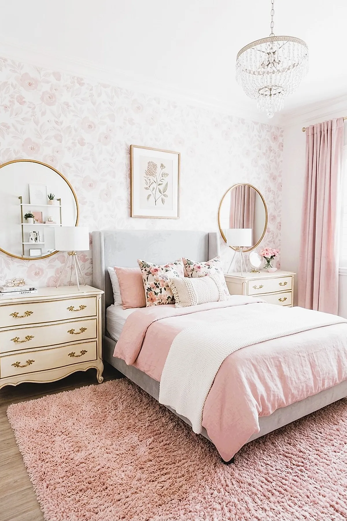 Girl's bedroom featuring a bed with pink bedding and floral pillows, light gray upholstered headboard, floral wallpaper with subtle pink flowers, two cream-colored vintage dressers with gold handles topped with round gold-framed mirrors and white lamps, pink curtains, a fluffy pink rug, and a crystal chandelier overhead.
