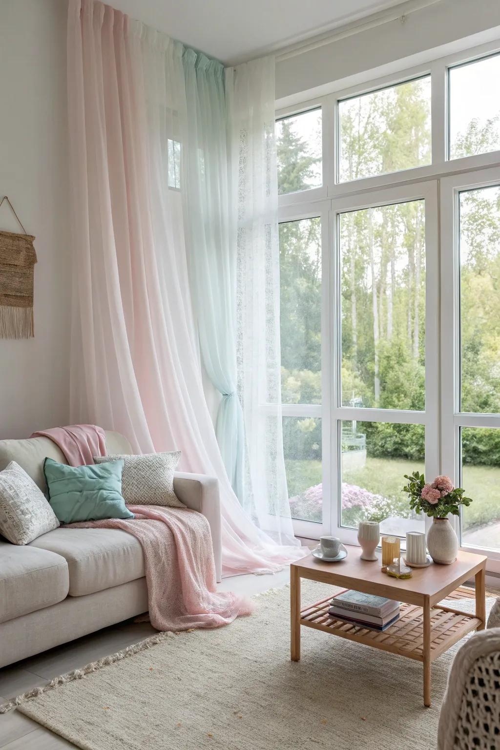 Create a calm vibe with light-diffusing curtains on your large windows.
