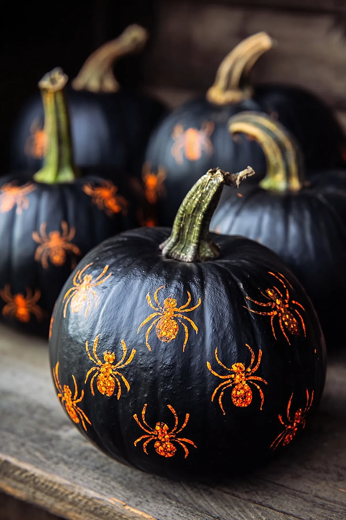 matte black pumpkins decorated with multiple glittery orange spider shapes scattered across their surfaces, arranged on a wooden surface