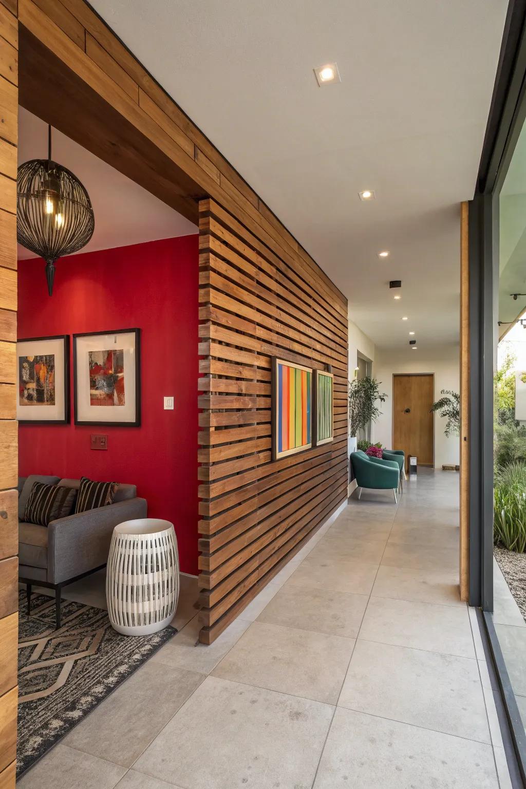 Make a bold statement with vibrant color contrasts on your timber wall.