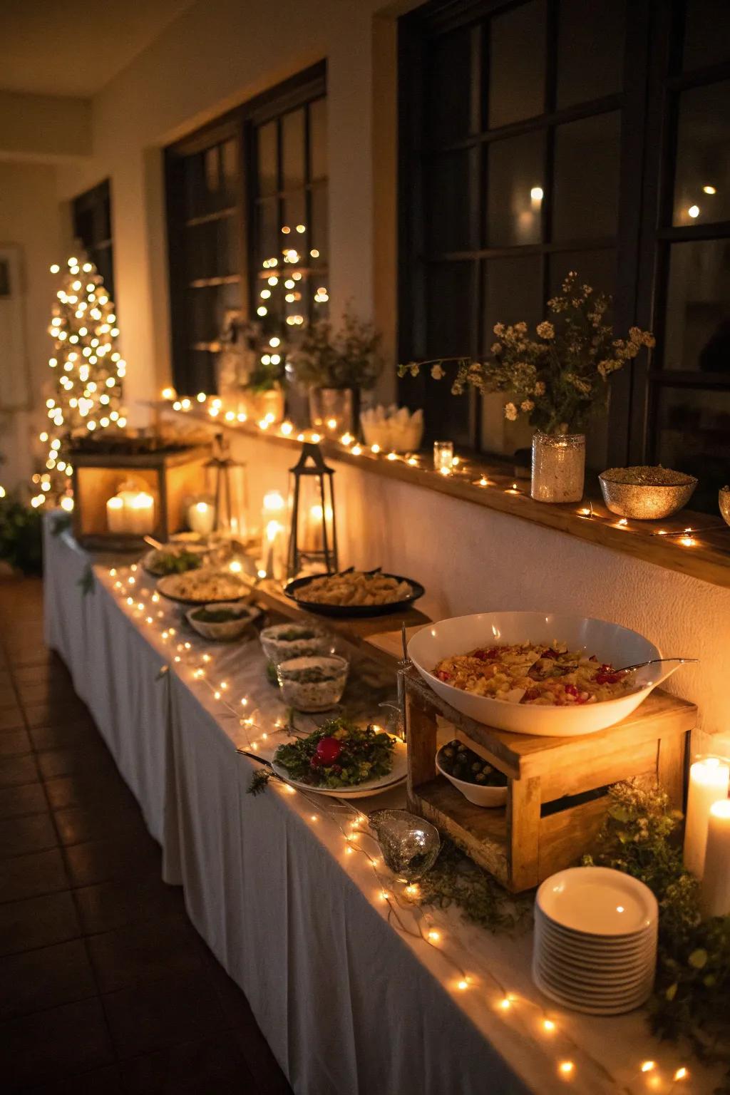 Strategic lighting sets a welcoming and enchanting tone for your buffet.