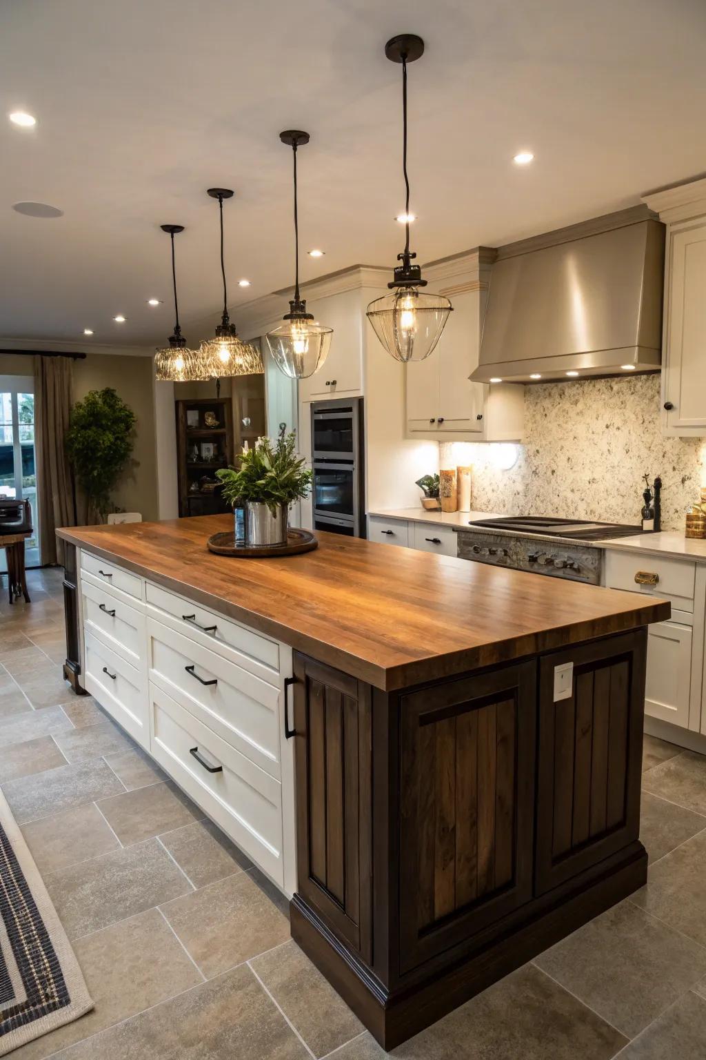 A wooden countertop adding warmth and a welcoming vibe to a kitchen island.