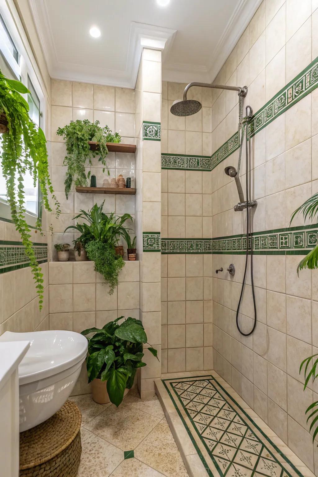Green accents enhance the natural appeal of sand-toned tiles.