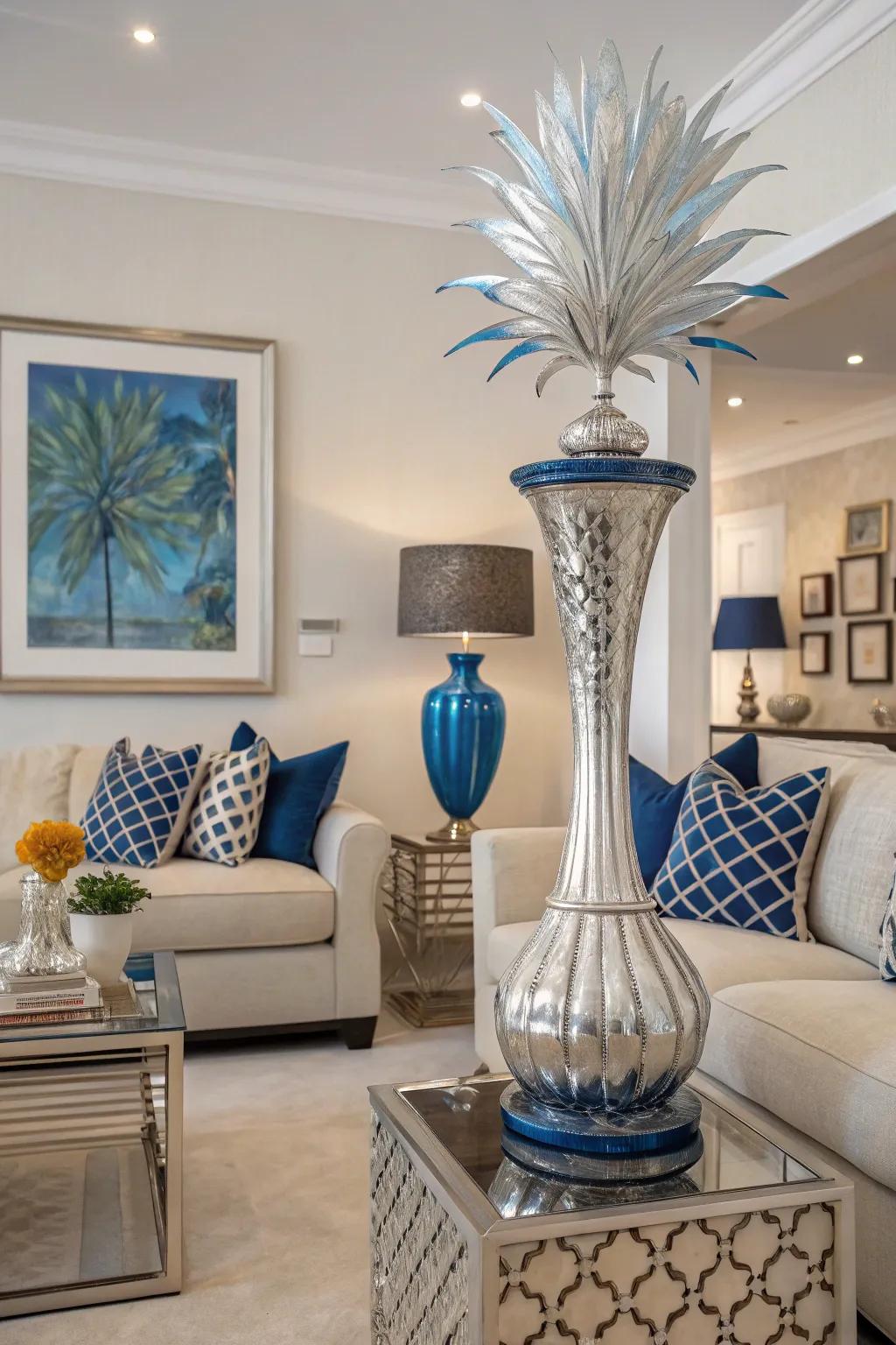 Silver and blue art serves as a striking focal point in this sophisticated living room.