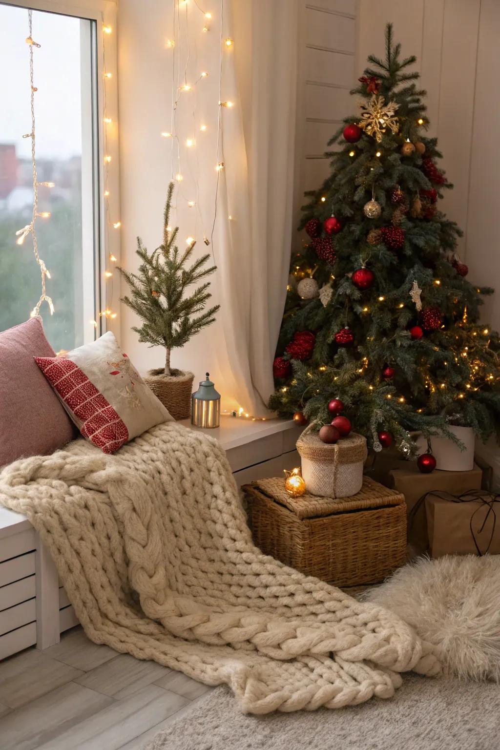 Textured fabrics create a cozy atmosphere perfect for the holiday season.