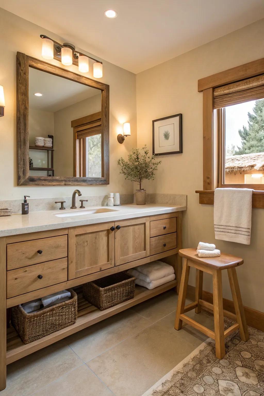 All-natural wood furnishings add warmth to this neutral bathroom.