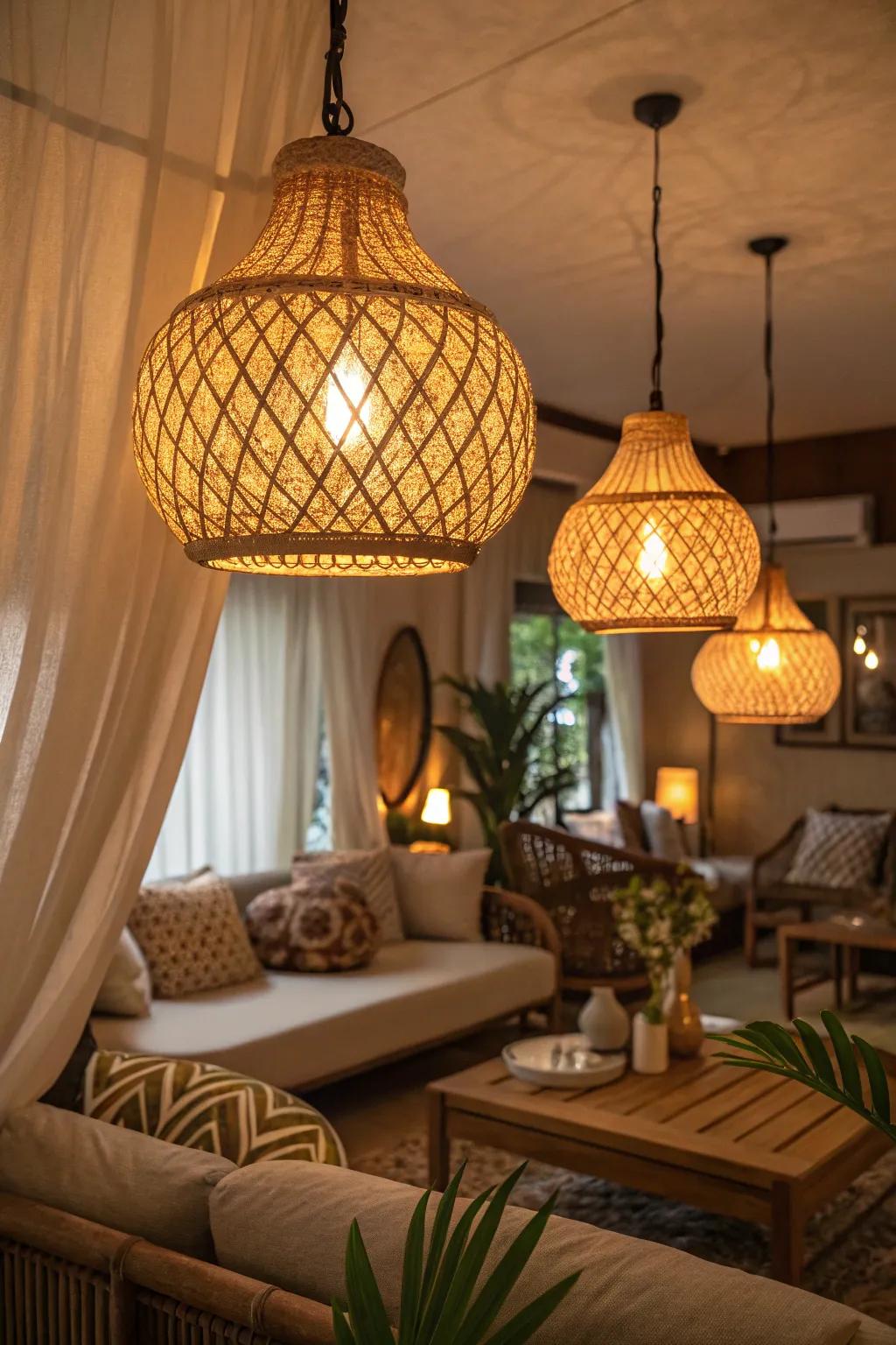 Room illuminated by warm soft illumination from woven lamps.