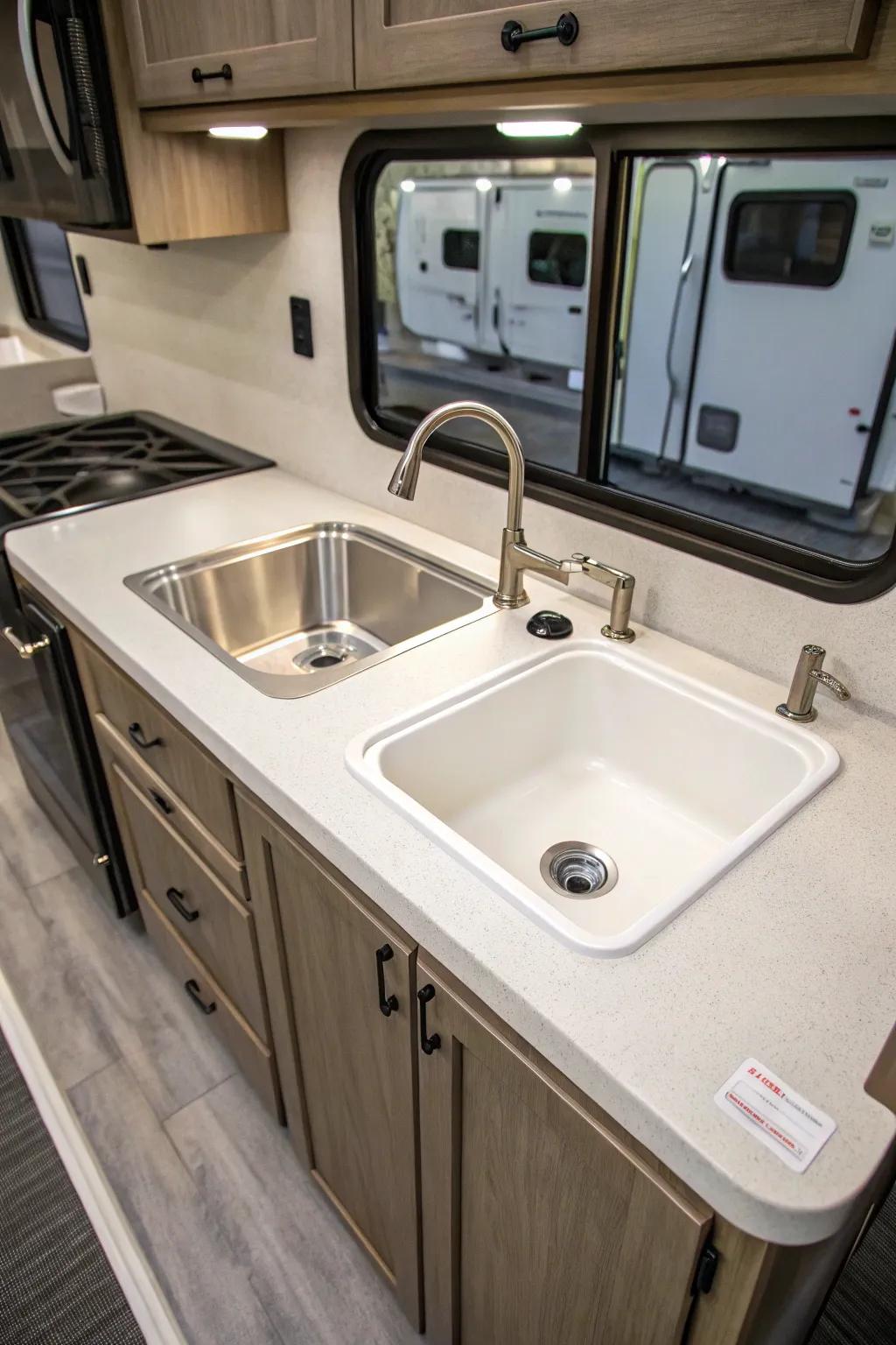 A dual basin sink provides versatile functionality.