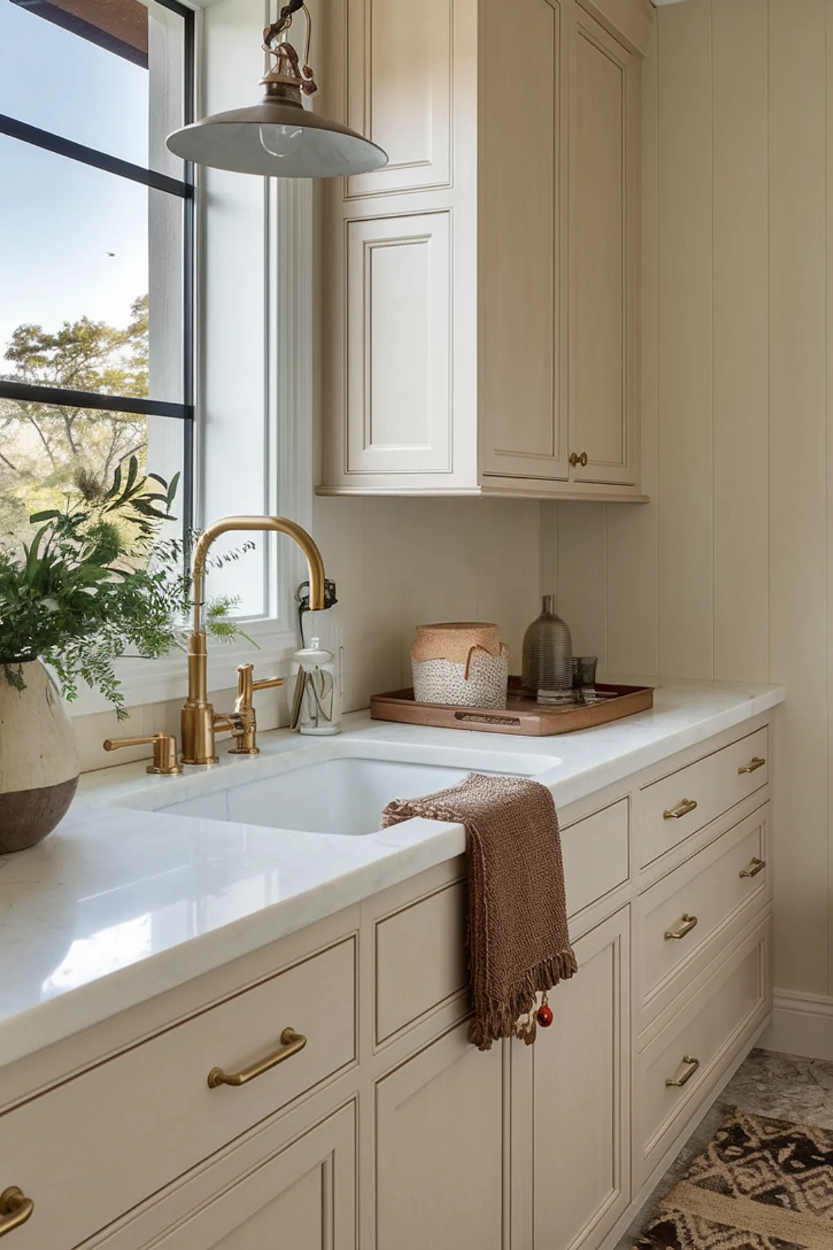 A modern laundry room featuring brass fixtures and natural decor.