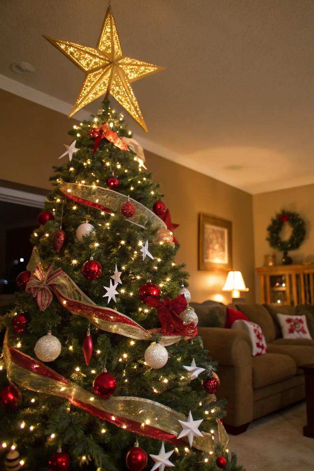 A gilded star crowns the tree, introducing ethereal beauty.