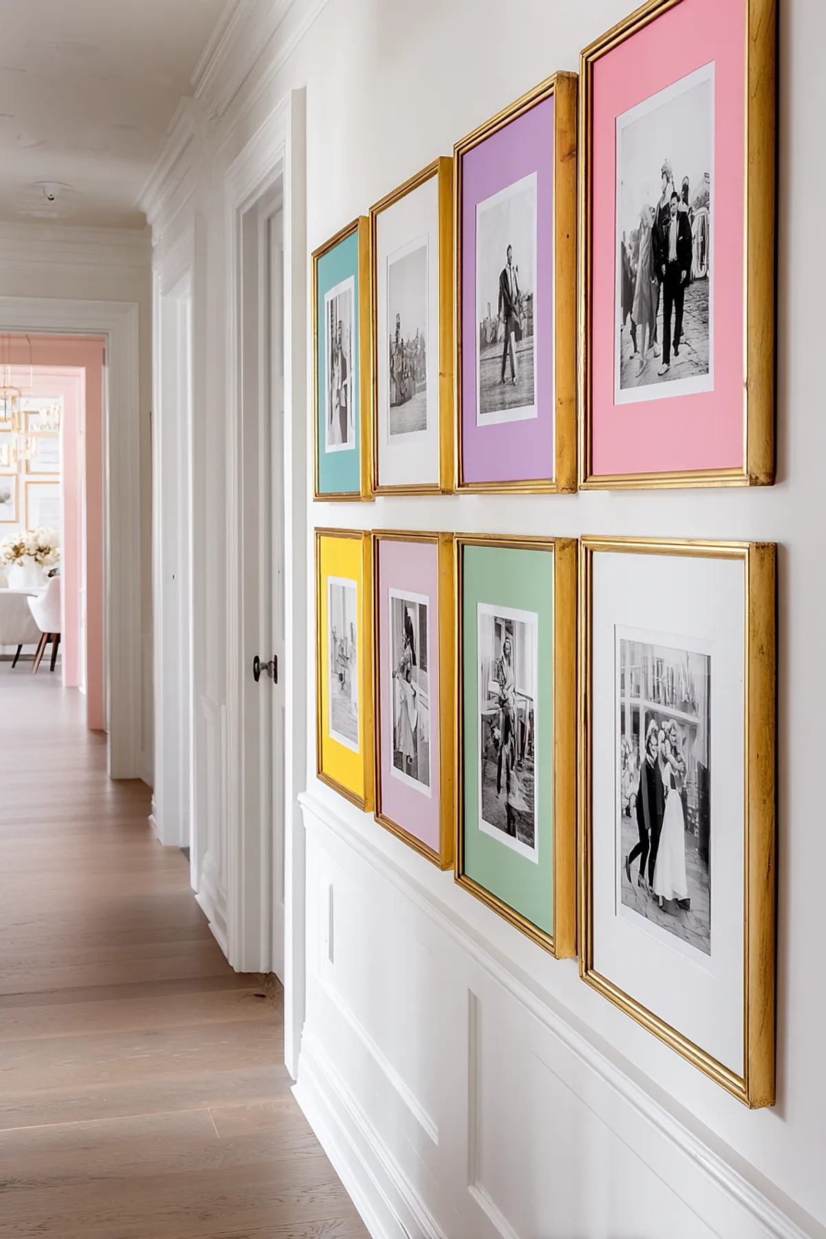 Hallway gallery wall with black-and-white photos in gold frames and pastel-colored mats in pink, yellow, and green.