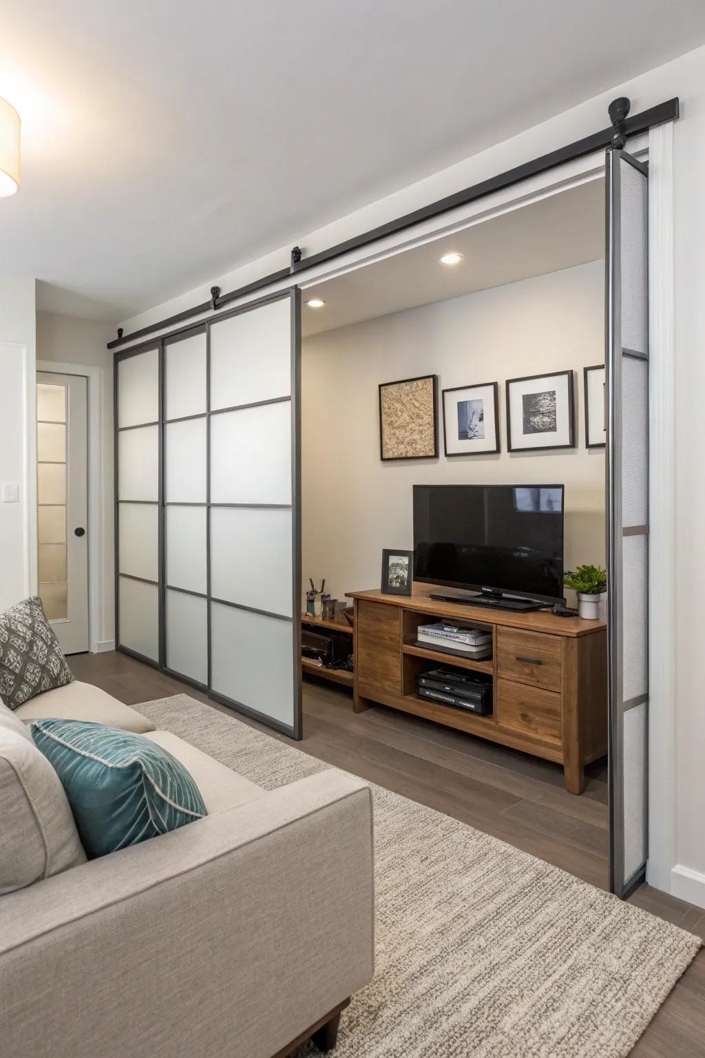 Sliding doors offer stylish separation without taking up extra area