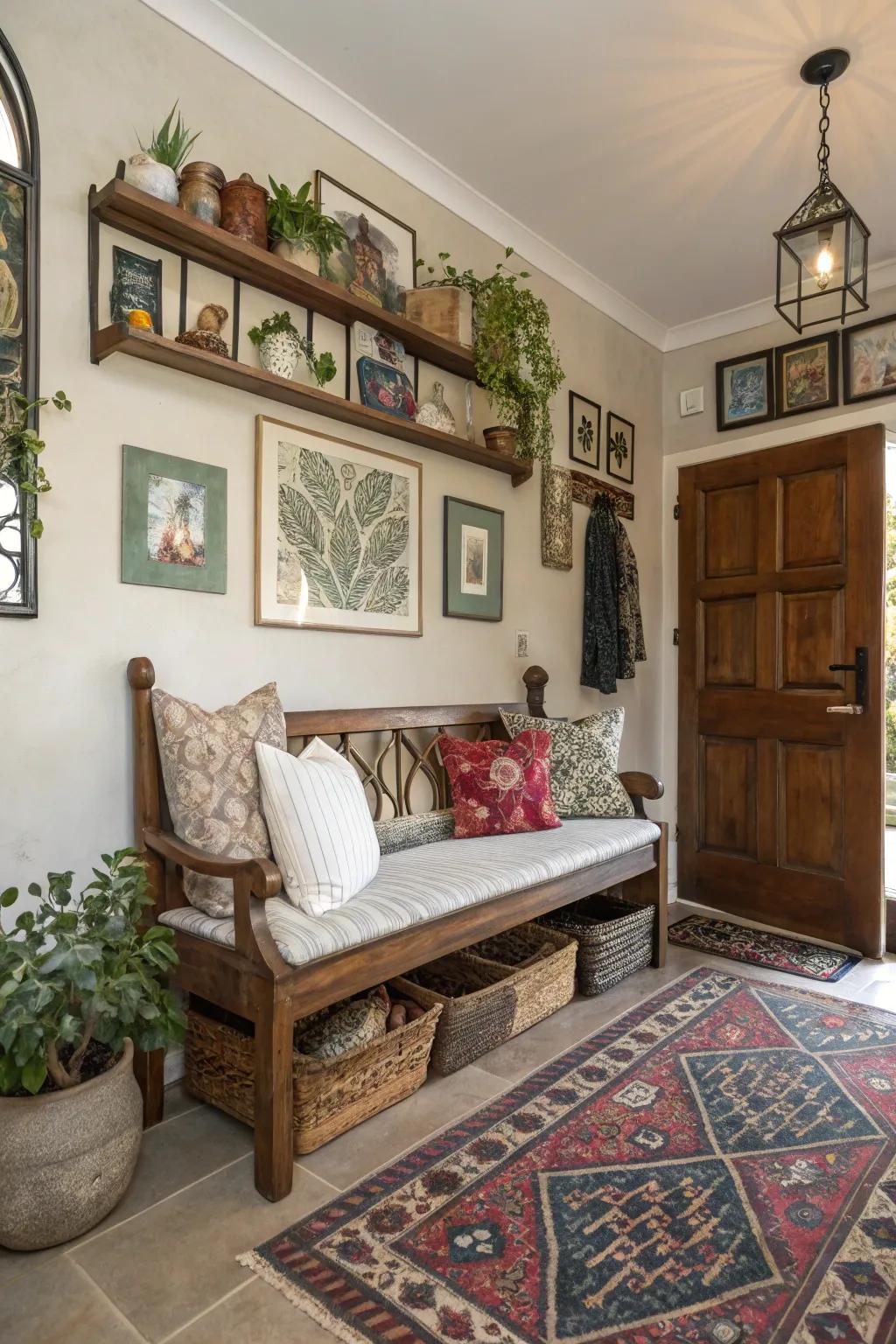 This eclectic hallway has a retro wood bench, which brings plenty of charm and character to the area.