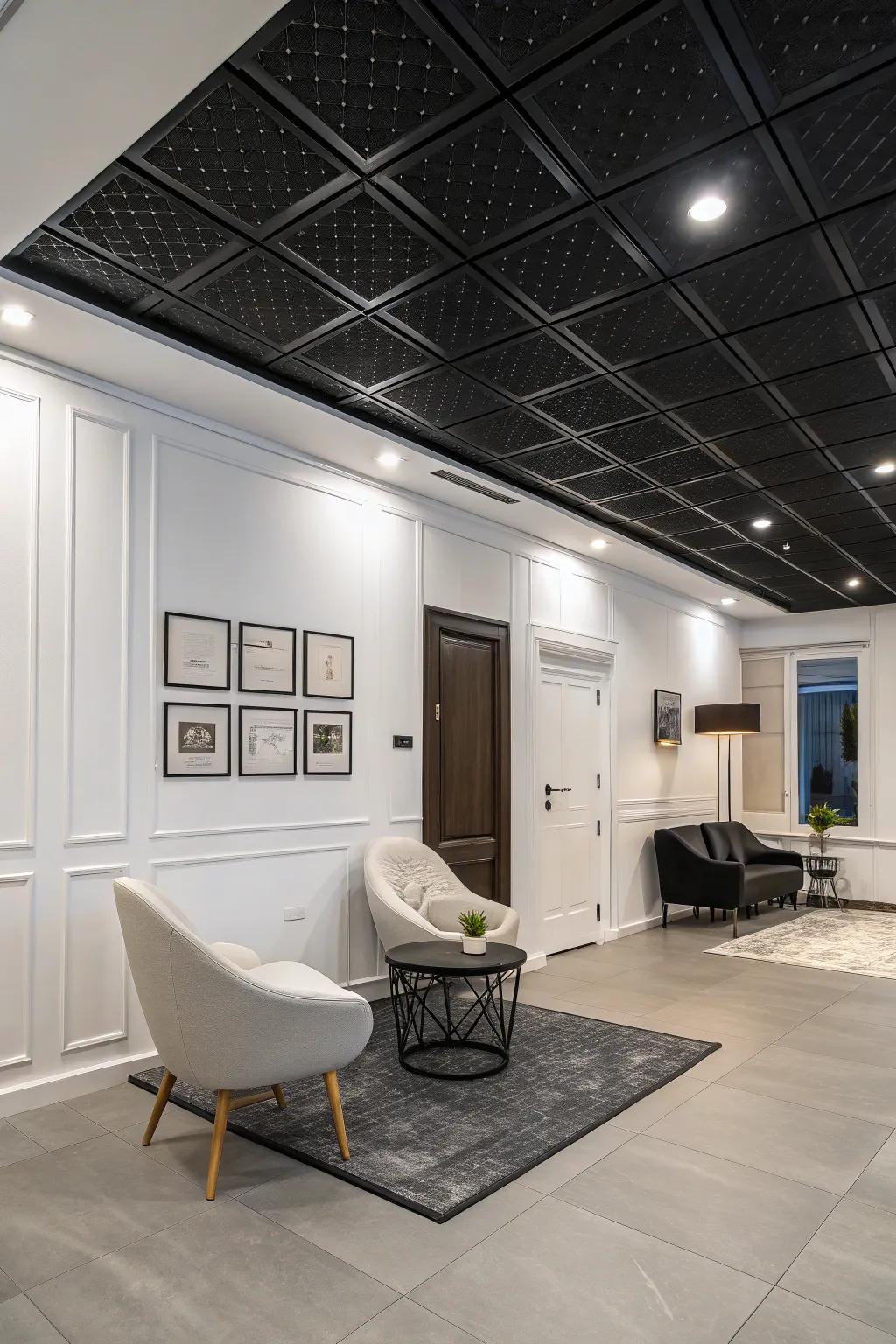 A dramatic room featuring black ceiling tiles for contrast.