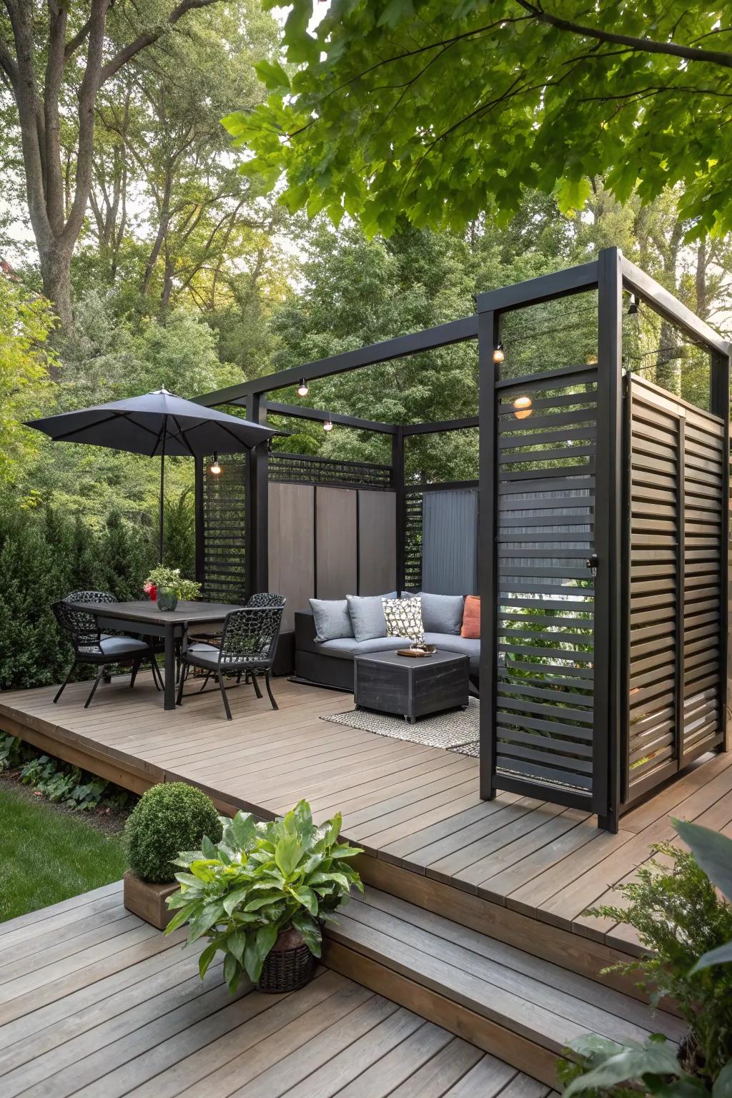 A deck with a privacy feature for an intimate and cozy retreat.