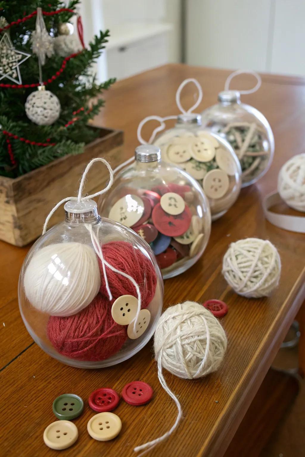 Ornaments themed around crafts and showcasing fasteners and strands of textile.