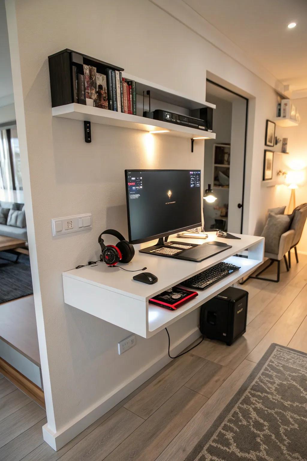 Floating desks offer a modern solution for space optimization.