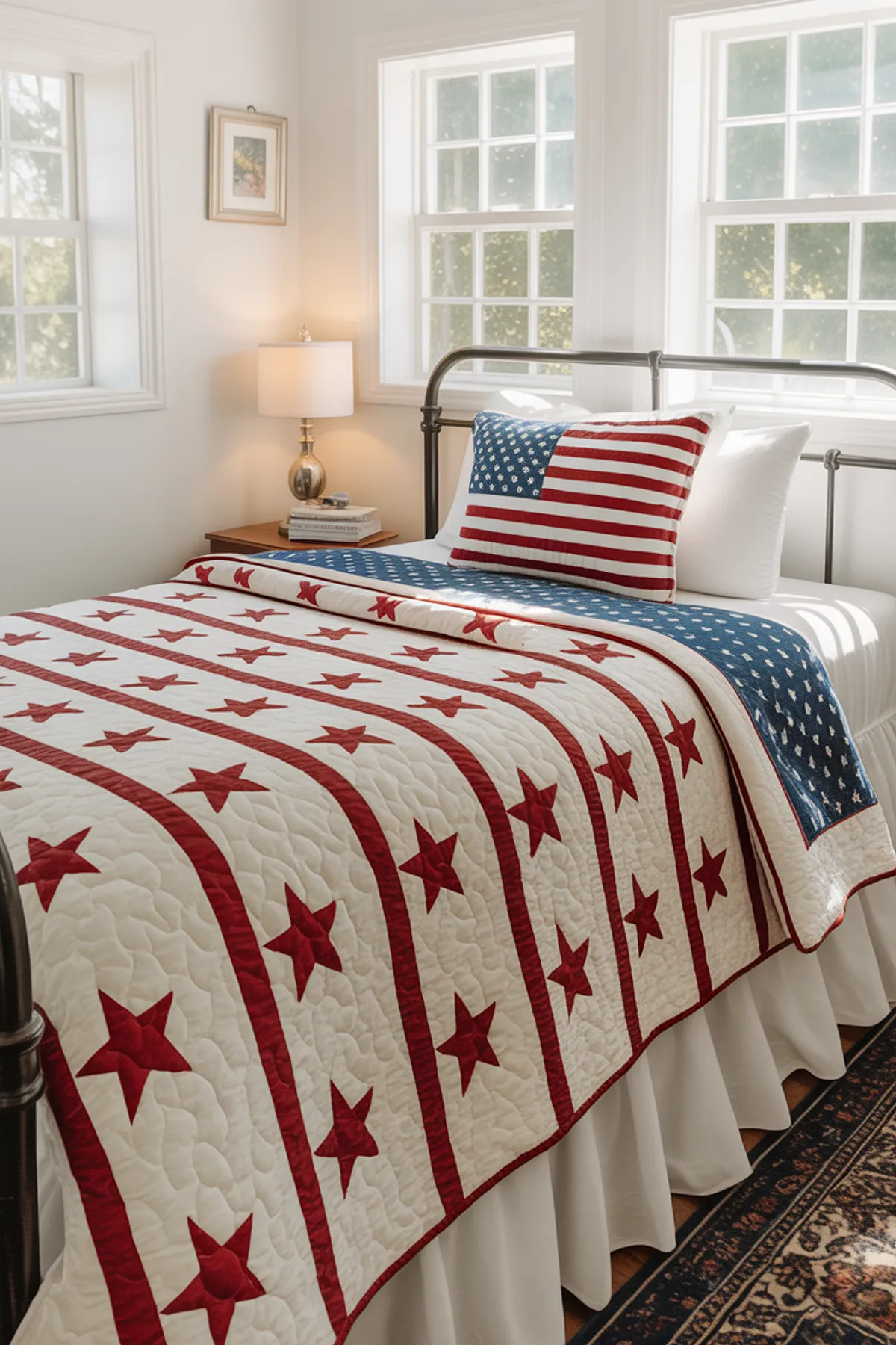 A bedroom featuring a star-patterned quilt, American flag pillow, bedside lamp, and bright windows.