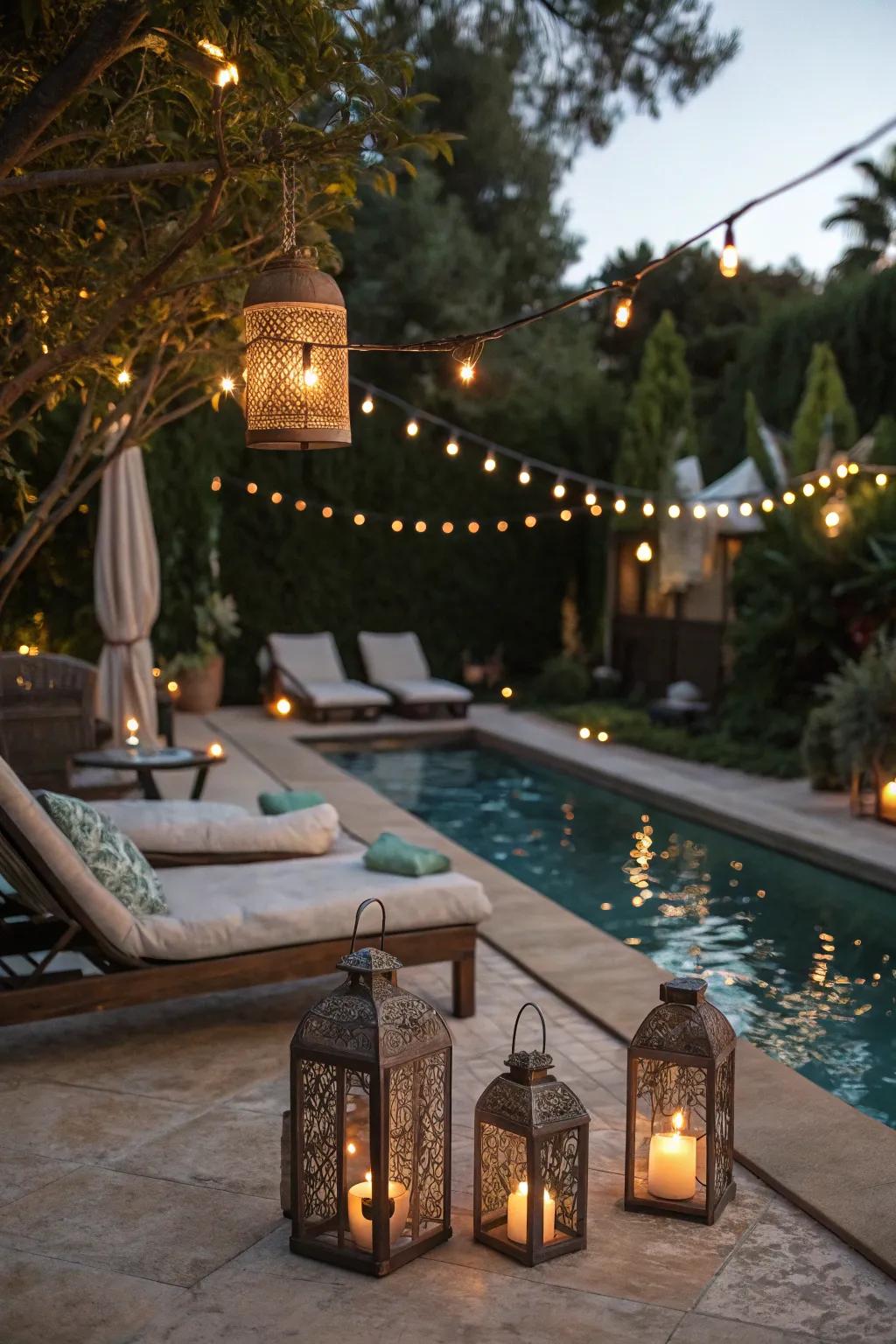 Atmospheric lighting turns your poolside into an enchanting nighttime escape.