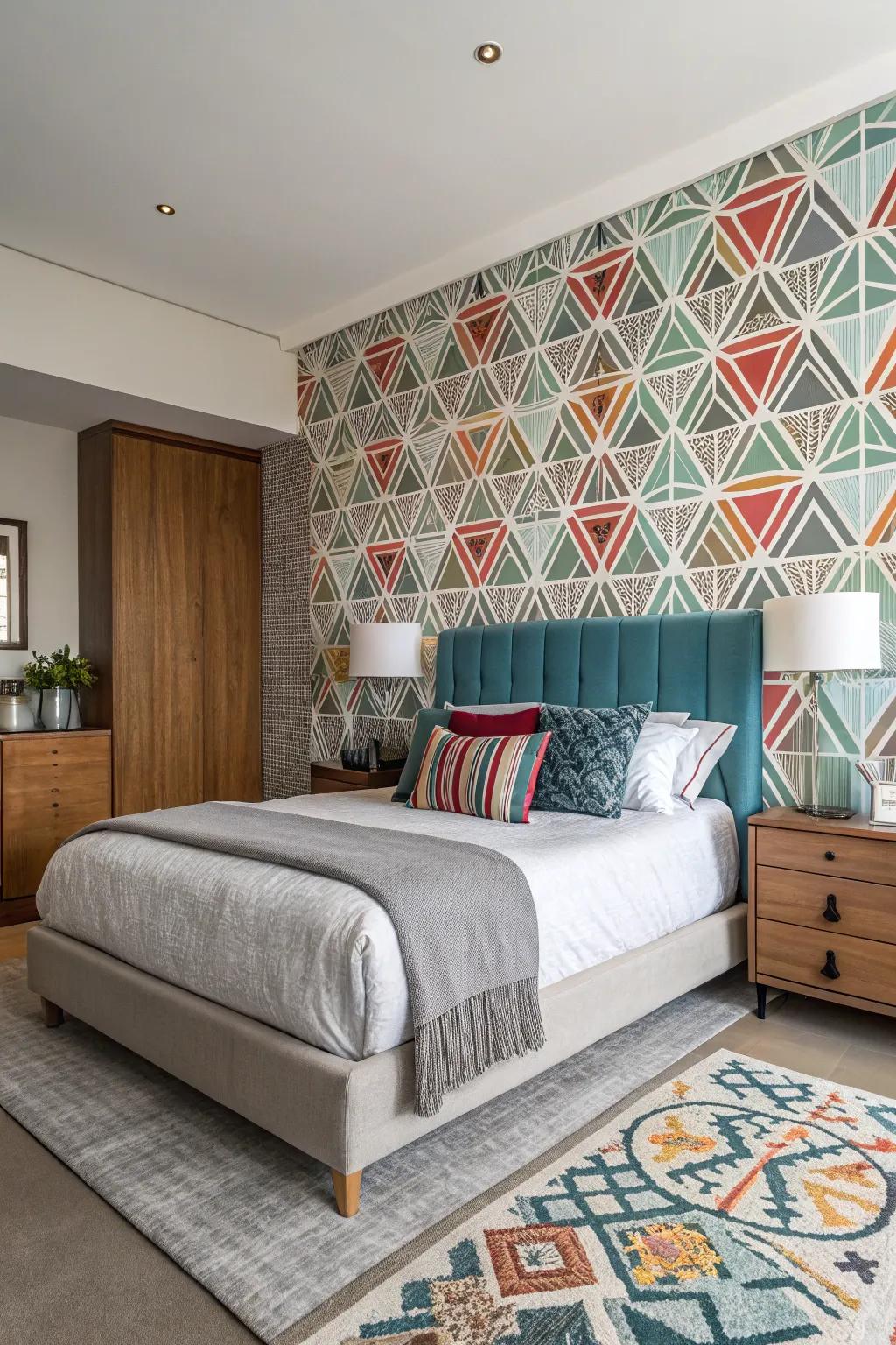 A geometric wallpaper forms an impressive backdrop in a stylish, contemporary bedroom.