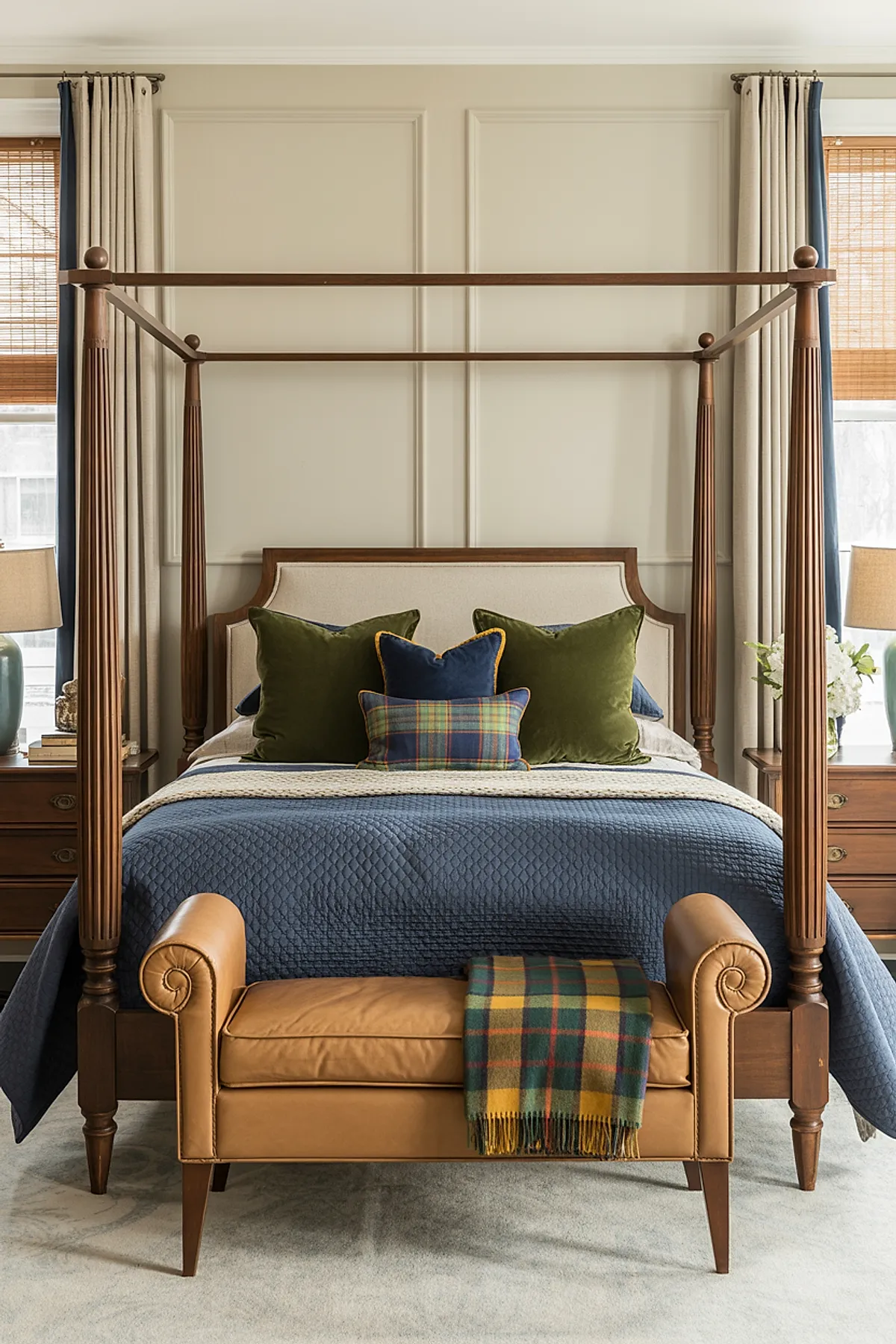 bedroom featuring wooden four-poster bed with beige upholstered headboard, navy quilted bedding, green velvet pillows, caramel leather bench at foot of bed with yellow and green plaid throw, neutral walls and curtains, wooden nightstands with lamps