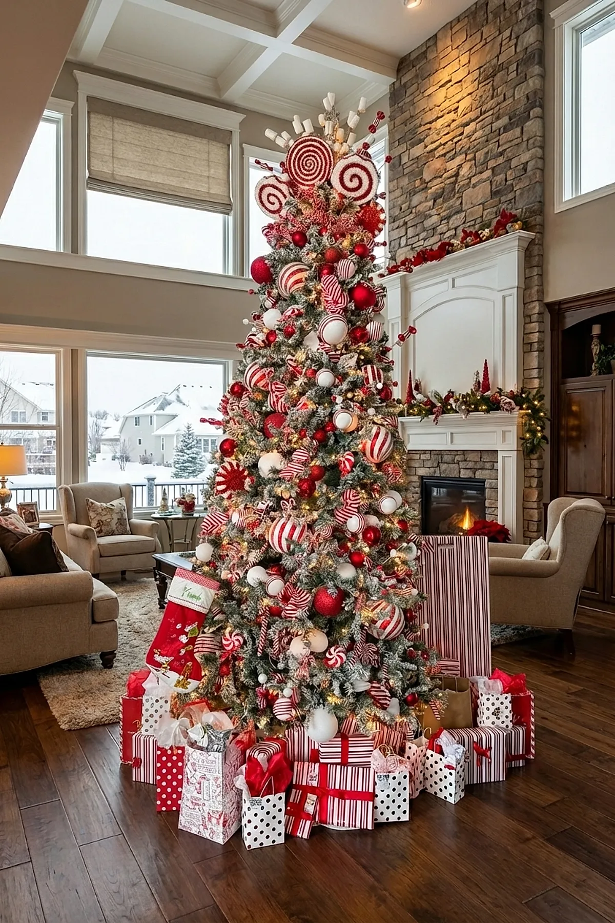 Tall Christmas tree decorated in a candy cane christmas tree theme with red and white striped, polka dot, and solid wrapping paper on presents below. The frosted tree features oversized red and white swirl ornaments, candy canes, and matching ribbons standing in a spacious living room with large windows, beige armchairs, and a stone fireplace mantel decorated with red garland.