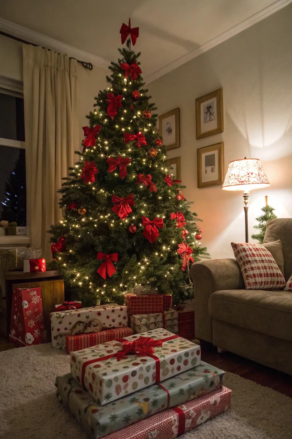 Red bows adding charm throughout the holiday decorations.