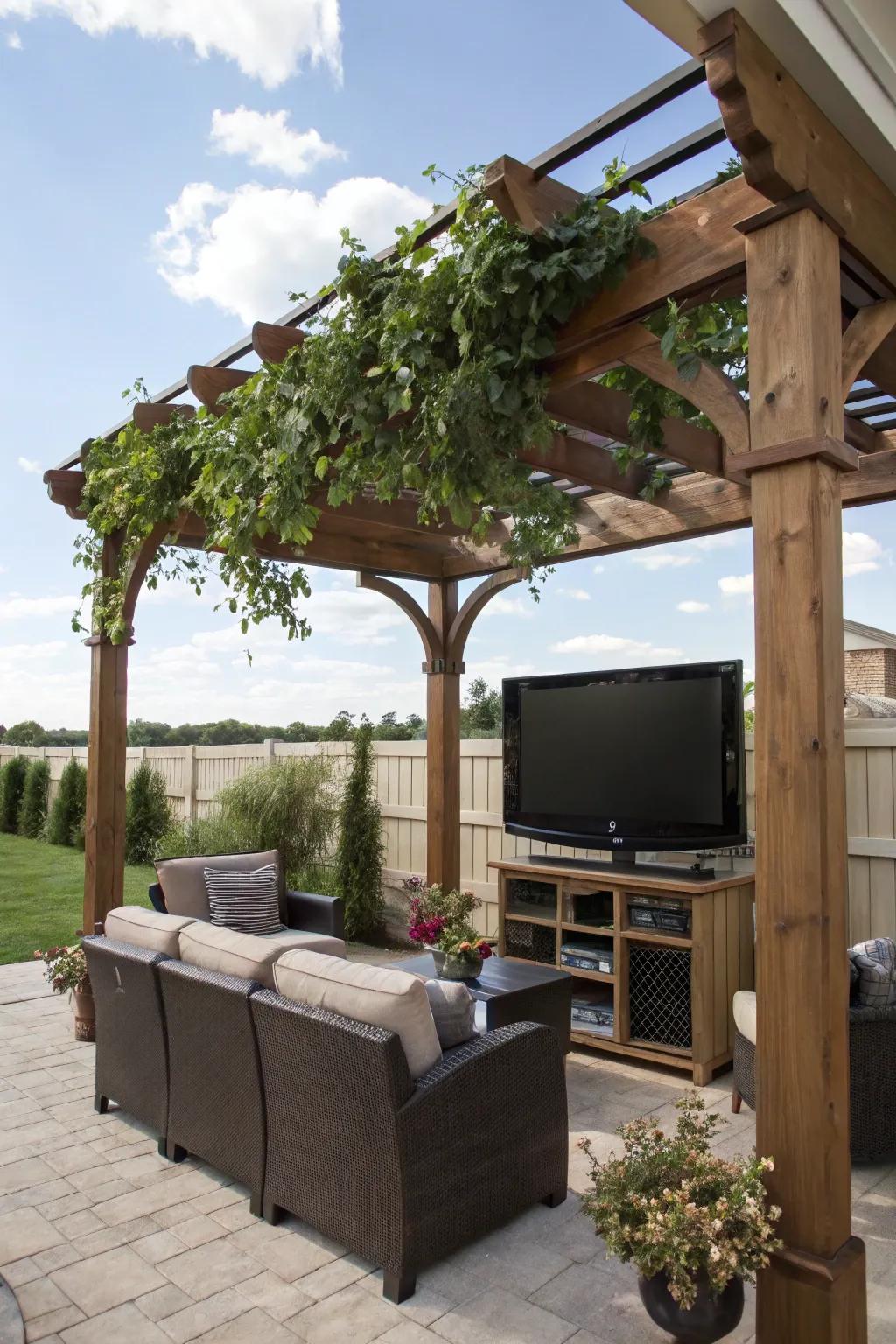 A covered patio safeguards your outdoor TV arrangement from adverse weather.