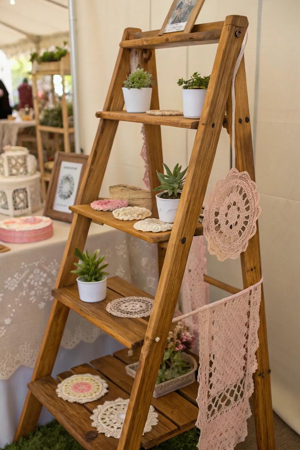 Elevate your craft presentation with vintage step-style shelves and delightful crochet pieces. ✨🌿 #CraftFairDisplay #VintageCharm #CrochetLove