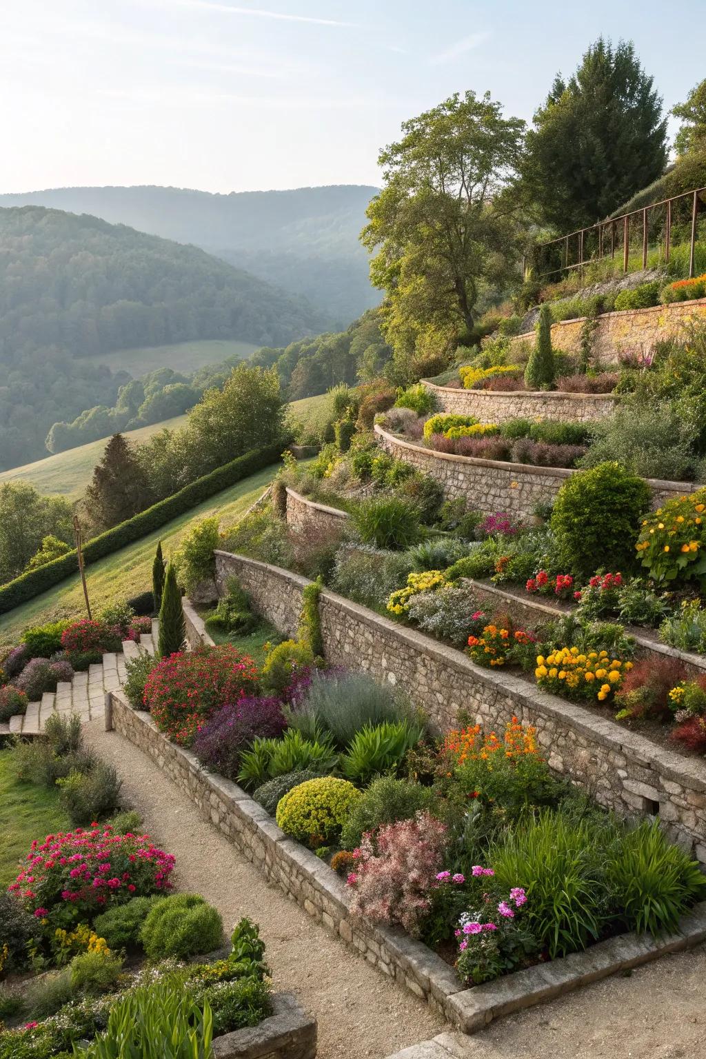 Elevated garden beds offer a tiered, lively planting space.