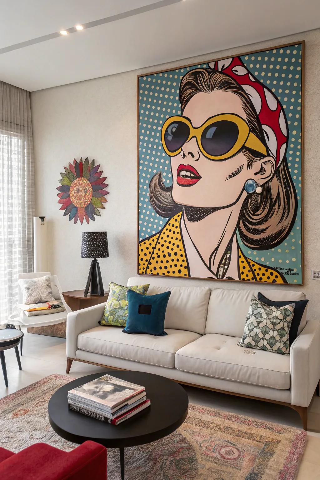 A stylish portrait featuring oversized sunglasses in a pop art style.