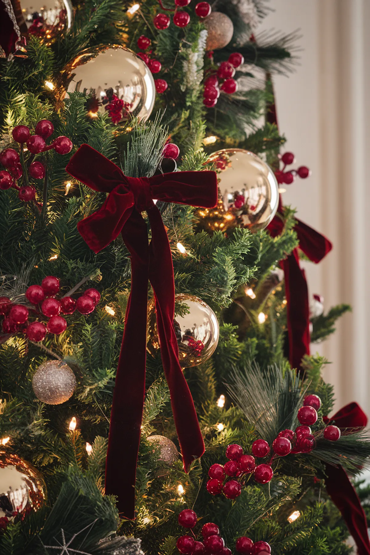 Close-up of a beautifully decorated Christmas tree with gold ornaments, red berries, silver stars, and deep red velvet ribbon.