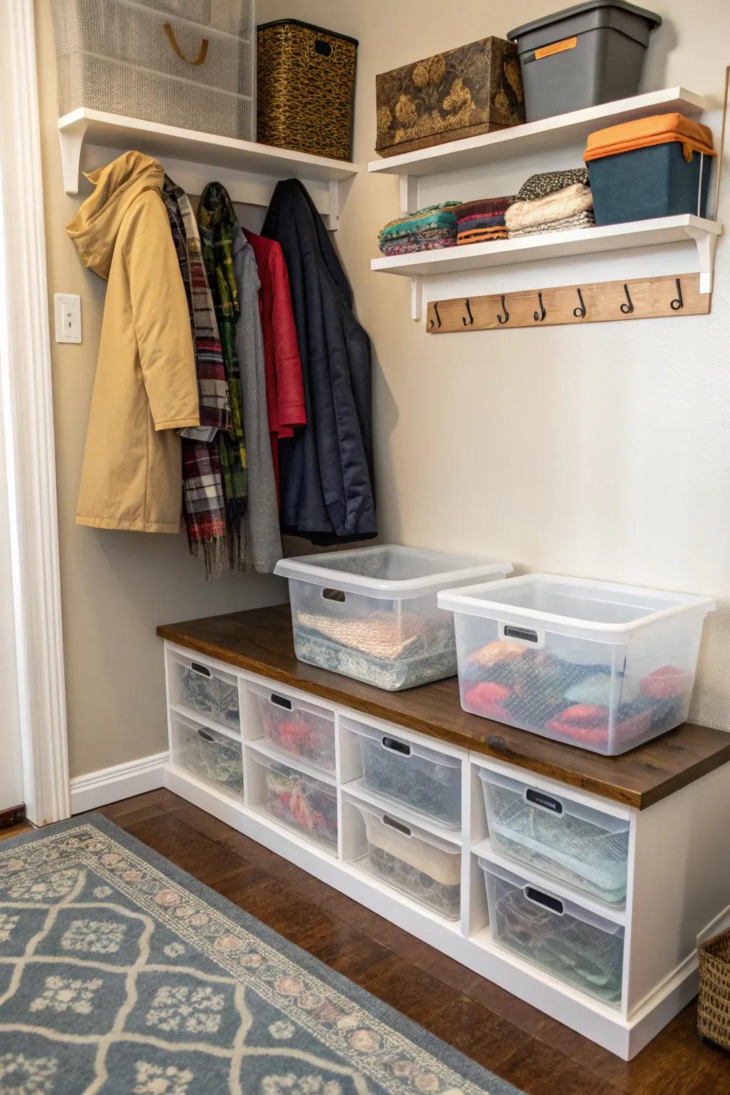 Transparent bins offer clarity and order in your entryway.