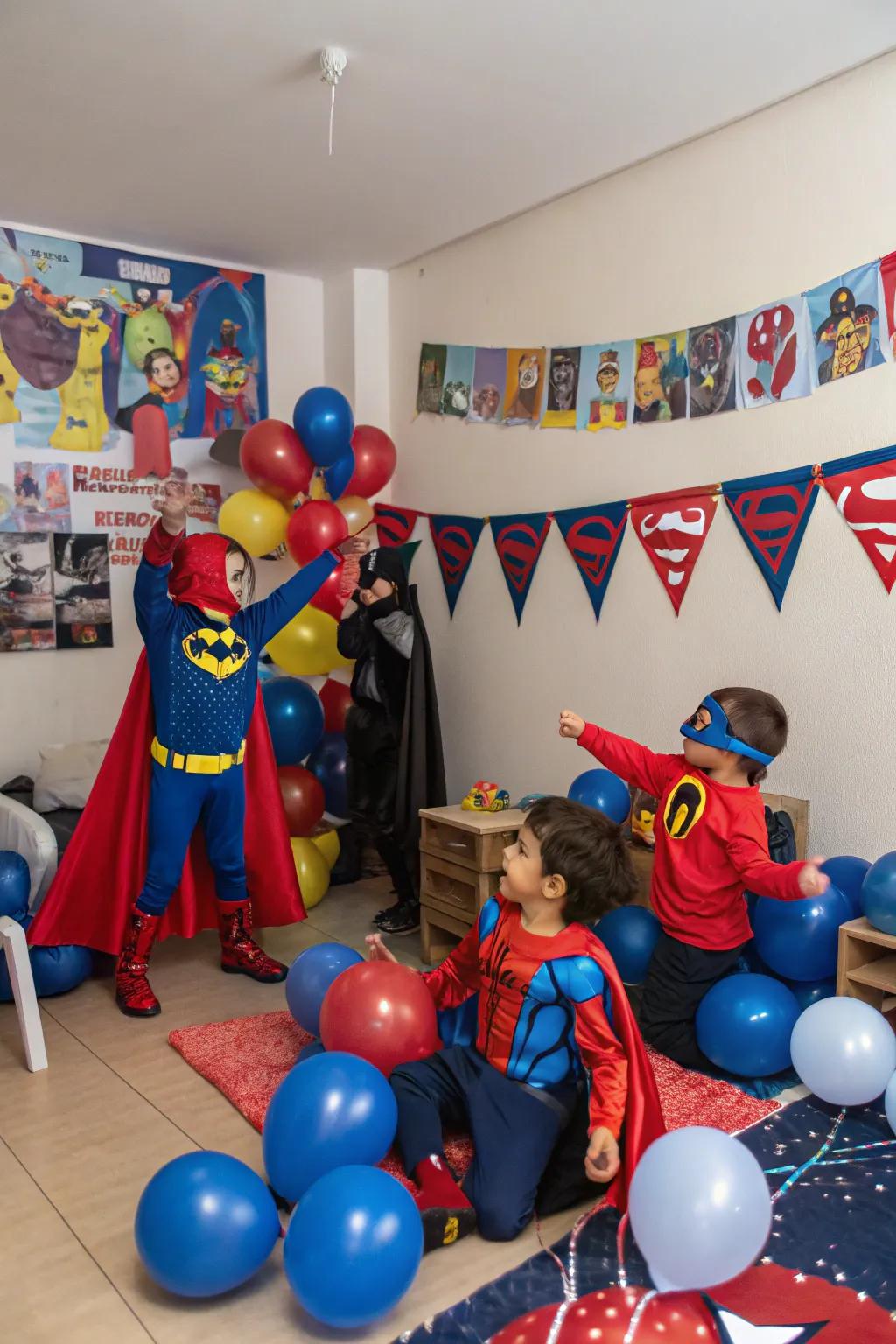 A superhero attire celebration with bright decorations and excited kids.