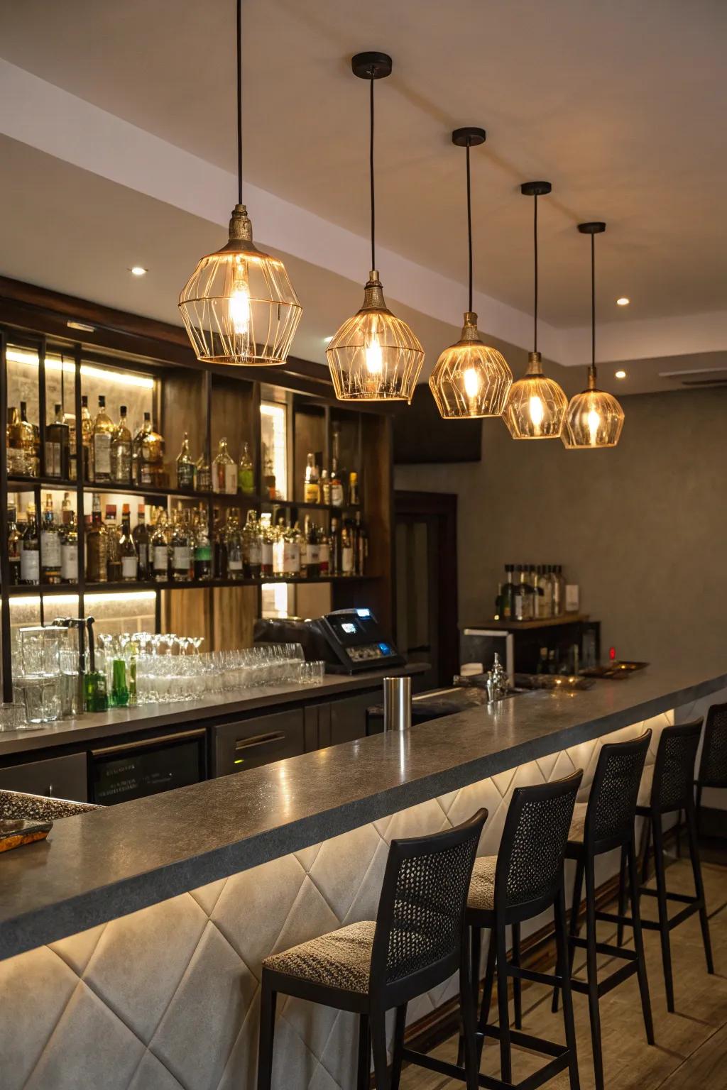 Overhead lights positioned above the bar introduce a comfortable and fashionable element.