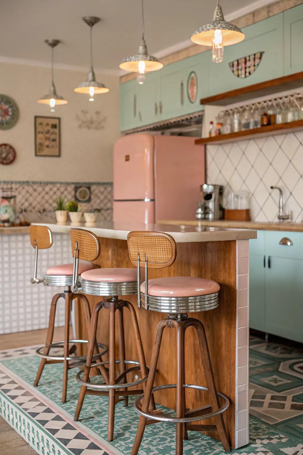 Retro bar stools that inject a nostalgic touch.
