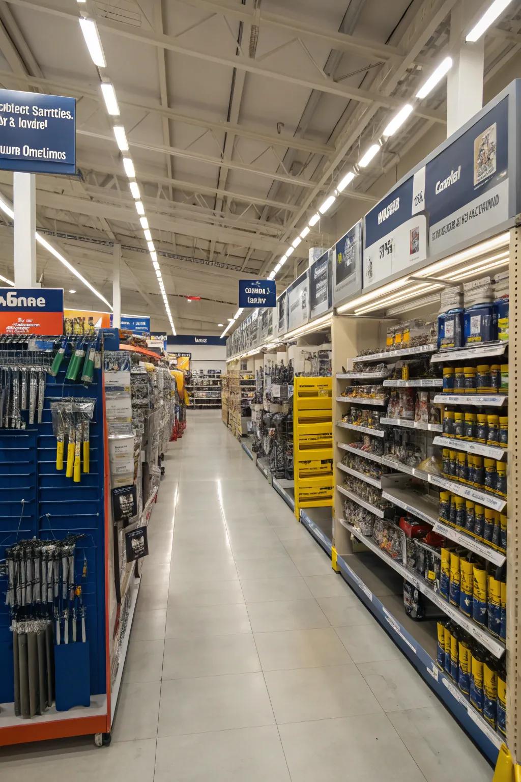 A meticulously organized store aisle features distinct signage and product categorization.