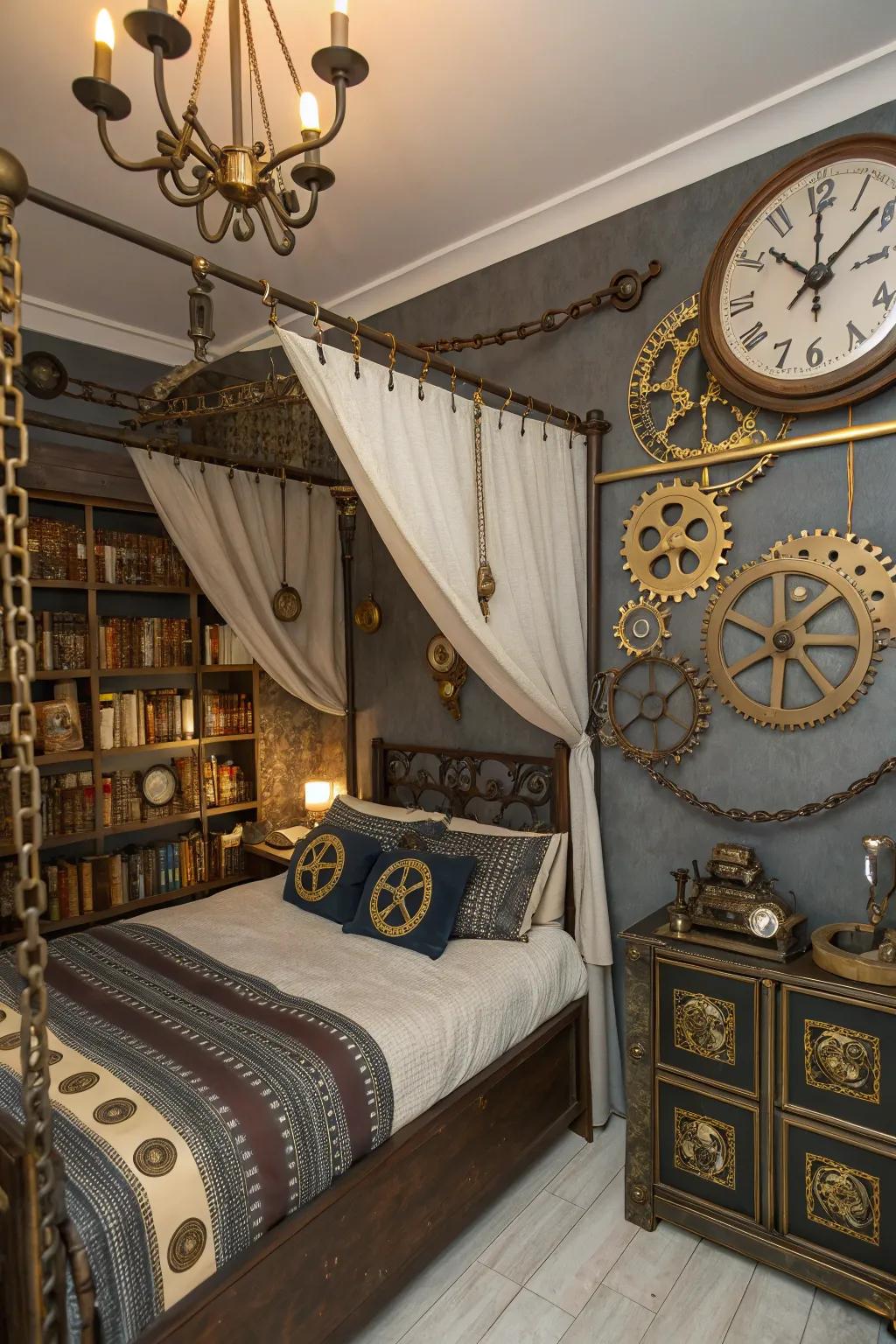 Steampunk elements append a playful twist to the Victorian Gothic boudoir.